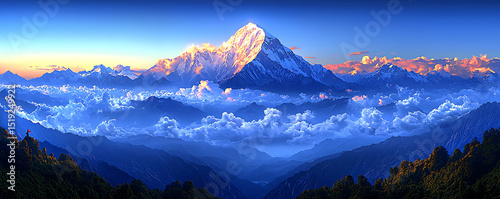Majestic snowcapped mountain peak at sunrise, soaring above a sea of clouds.  A breathtaking landscape, perfect for travel, nature, and inspirational projects.
