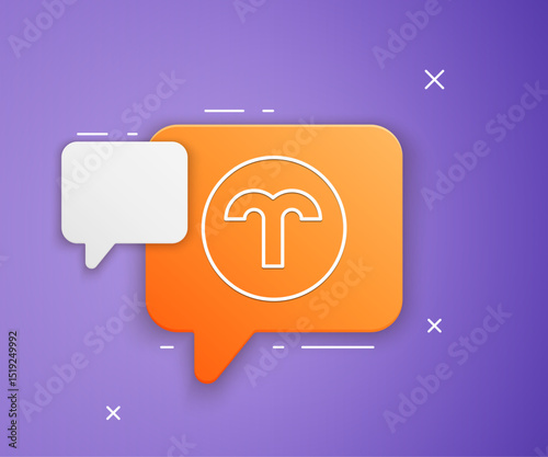 White Aries zodiac sign icon isolated on purple background. Astrological horoscope collection. Orange speech bubble symbol. Vector