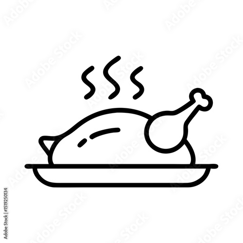Roasted chicken on platter for Christmas feast.  Delicious holiday roast chicken meal served on a silver tray. Festive Christmas feast icon perfect for holiday cards and invitations.