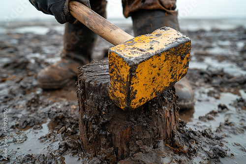 Closeup of muddy hands using a heavy, yellow sledgehammer to break apart a weathered, mudcaked wooden stump.  A powerful image symbolizing perseverance, hard work, and overcoming obstacles.