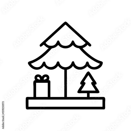 Christmas market stall icon with fir tree and gift. Christmas market illustration shows a simple stall with a fir tree and gift box.