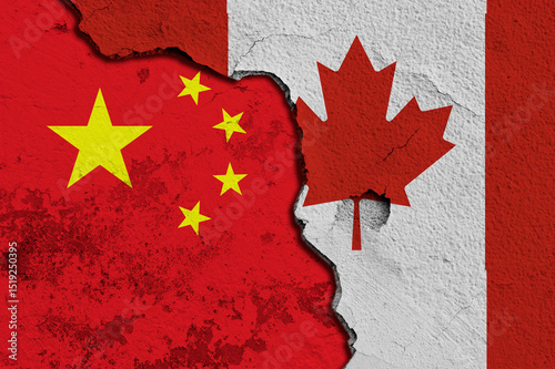 Canvas Print Torn Flags of China and Canada Depicting Political and Cultural Tension