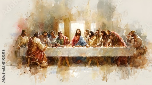 A gentle contemplative painting capturing the sacred moment of the Last Supper where Jesus gathers with his disciples around a table