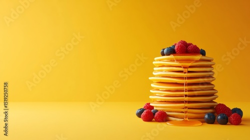A stack of fluffy pancakes with syrup and berries placed on a solid warm orange background cozy breakfast dessert 