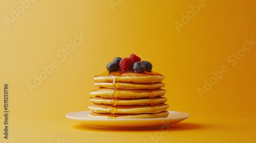 A stack of fluffy pancakes with syrup and berries placed on a solid warm orange background cozy breakfast dessert 