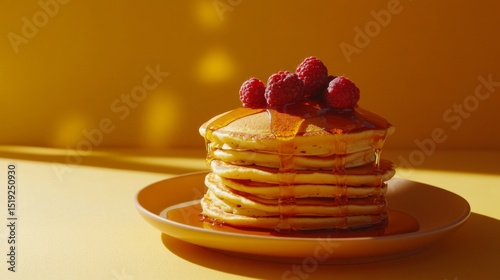 A stack of fluffy pancakes with syrup and berries placed on a solid warm orange background cozy breakfast dessert 