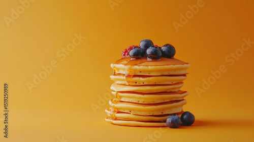 A stack of fluffy pancakes with syrup and berries placed on a solid warm orange background cozy breakfast dessert 