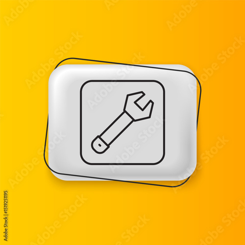 Black Wrench spanner icon isolated on yellow background. Spanner repair tool. Service tool symbol. Silver rectangle button. Vector