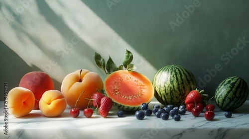 A still life composition of fresh summer fruits arranged on a marble counter watermelons strawberries cherries blueberries and peaches  