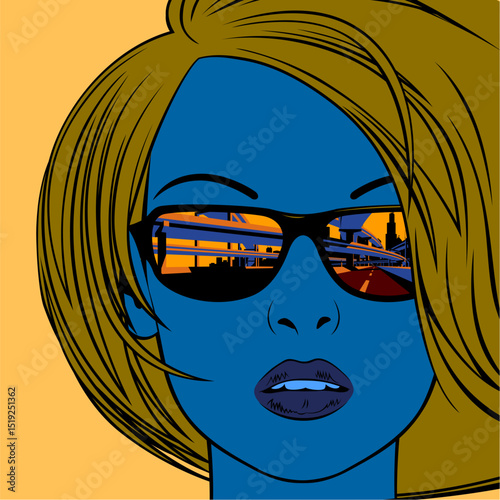 The face of a young beautiful blonde in sunglasses with a reflection of the overpass on the highway and the urban landscape. Drawing is in a color engraved 
and linear style. Vector illustration