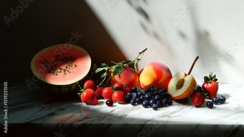 A still life composition of fresh summer fruits arranged on a marble counter watermelons strawberries cherries blueberries and peaches  