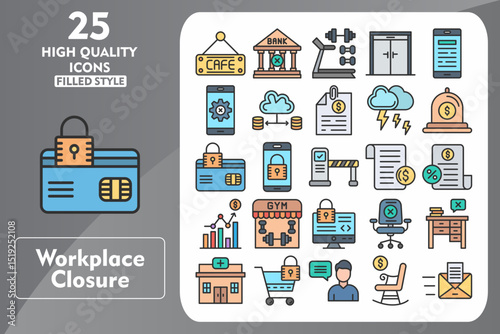 Workplace Closure Line Filled Icon Set. Incleded Icons Cafe, Bank, Gym, Closed Door, Phone, Cease Of Activity, Redundancy, Files, Inclement Weather. Vector Icons Collection