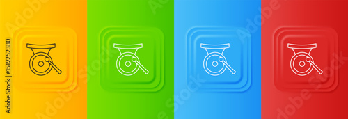 White Gong musical percussion instrument circular metal disc and hammer icon isolated on colorful background. Set icons in square buttons. Vector