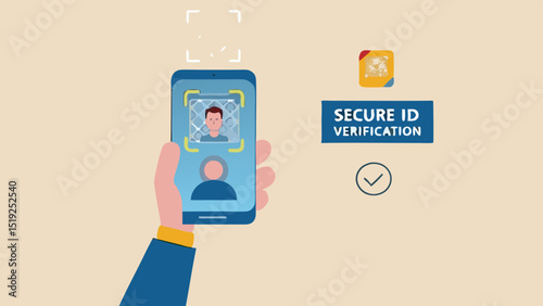 Hand holding smartphone with face recognition and secure id verification on a light background