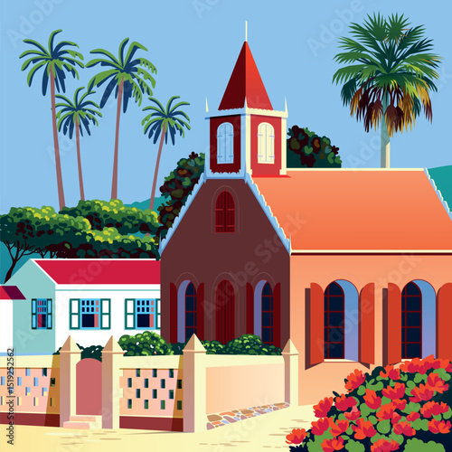 Summer tropical landscape with traditional old church in the first plan, bungalows and colorful houses with exotic plants in the background. Handmade drawing vector illustration.