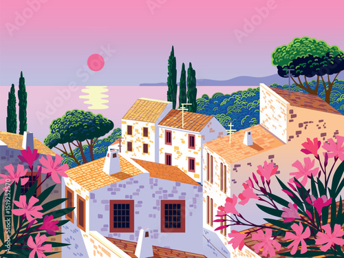 Mediterranean seaside riviera romantic poster. Holiday destination town in Italy, France or Greece with sea beach. Handmade drawing trendy colorful expressive vector illustration.