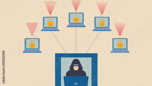 Network security breach with hacker targeting multiple locked computers with red threat vectors