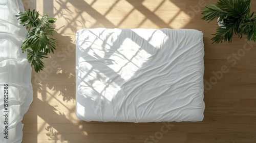 A top-down view of a mattress on a hardwood floor with simple white bedding single green plant in the corner soft shadows