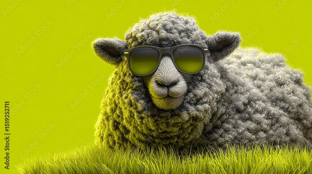 Obraz premium A sheep with sunglasses lying in grass against a bright yellow background looking at the camera