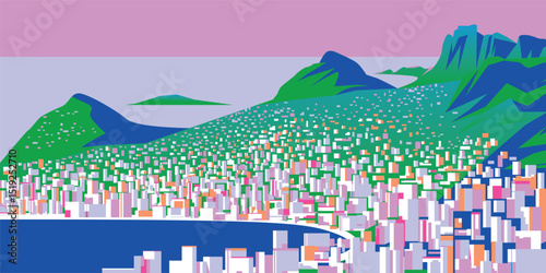 Summer landscape handmade drawing vector panorama of a coastal city with modern high-rise buildings, hotels, fashionable houses against the backdrop of green mountains descending to the sea.