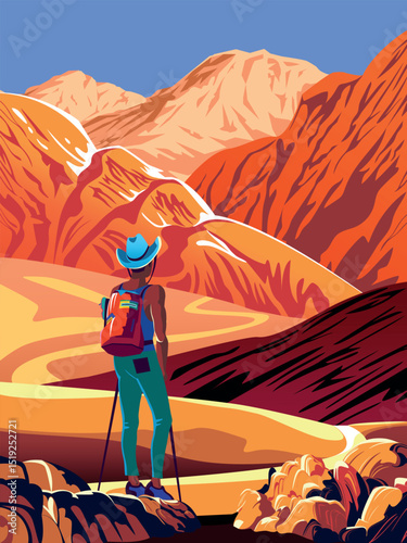 A tourist with a backpack on his shoulders in front of a mountain trail. Handmade drawing trendy colorful expressive vector illustration. Can be used for posters, banners, postcards, books, etc.