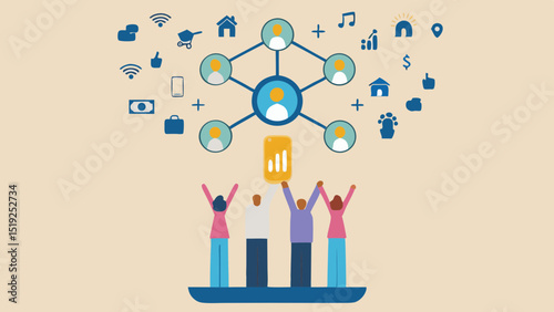 People celebrating a mobile device connected to a network of icons and social connections online