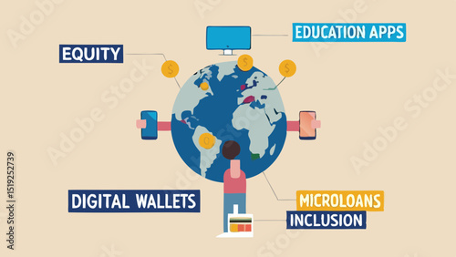 Illustration of global financial inclusion with digital tools and education apps around the world