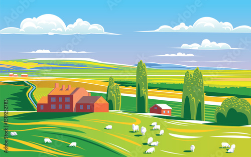 Summer rural landscape with house, sheeps, fields, meadows and hills in the background. Handmade drawing vector illustration. Can be used to make books, banners, posters, etc.