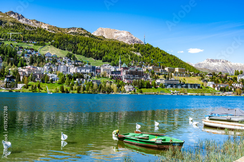 The village and lake of St. Moritz in spring. Engadine, Switzerland.