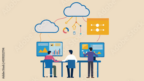 Three people working at desks with monitors connected to a cloud network and data visualizations