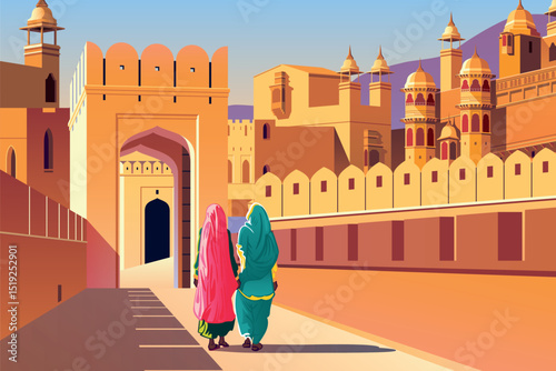 Two women in traditional dress walk towards a city gate against the backdrop of palaces and towers of an old Indian city. Can be used to make books, banners, posters, etc.