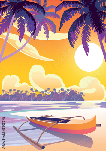 Tropical Beach Island Landscape with traditional canoe in the first plan and island and ocean in the background. Handmade drawing vector illustration. Modern expressive style travel poster design.