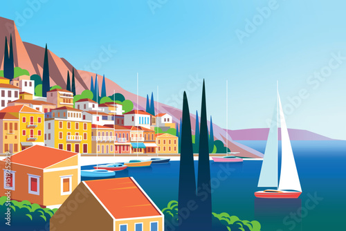 Mediterranean romantic landscape. Handmade drawing vector illustration. Can be used for posters, banners, postcards, books etc.