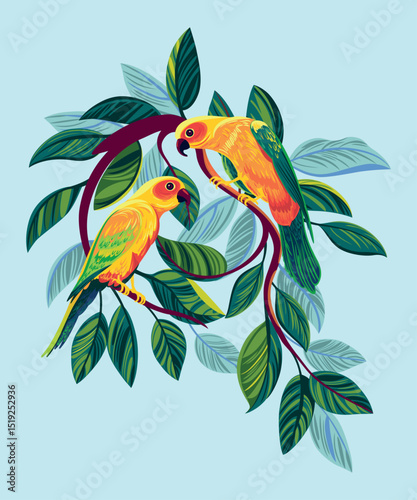 Bright colorful parrots on a tropical forest branch. Handmade drawing vector illustration. Can be used for banners, books etc.