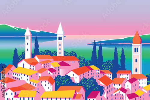 Mediterranean romantic landscape with old town in the first plan, sea and islands in the background. Handmade drawing vector illustration. Can be used for posters, banners, postcards, books etc.