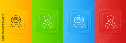 White Pet award symbol icon isolated on colorful background. Badge with dog or cat paw print and ribbons. Medal for animal. Set icons in square buttons. Vector