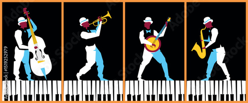 Set of jazz musicians at the festival. Jazz festival or retro party invitation design template. Vector illustration.