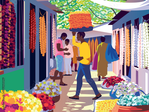 A street scene at an oriental flower bazaar with bright flower garlands, bales of flowers, stalls, sellers and buyers in traditional Indian clothing. Handmade drawing vector illustration.