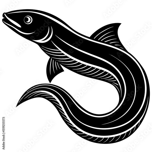 Stylized black and white illustration of an eel