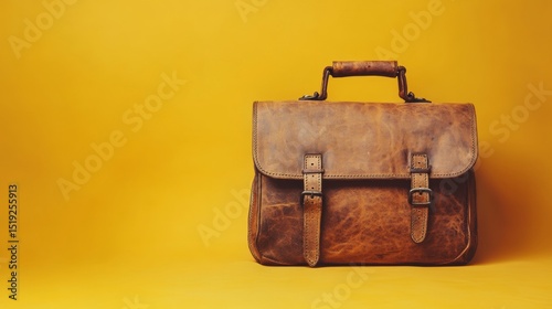 A vintage leather satchel with a worn finish placed on a solid mustard background classic craftsmanship visible stitching old-school academic style combined with character
