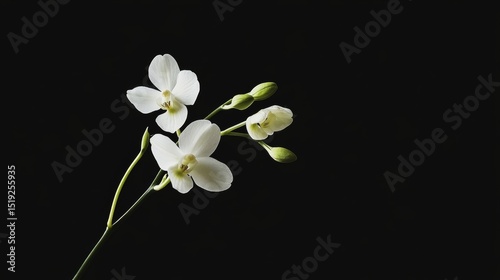 A white orchid stem with three blossoms and light green buds placed against a solid black background high contrast and dramatic lighting smooth soft