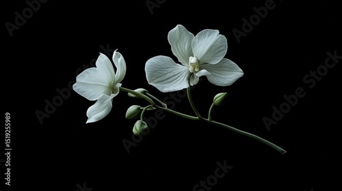 A white orchid stem with three blossoms and light green buds placed against a solid black background high contrast and dramatic lighting smooth soft
