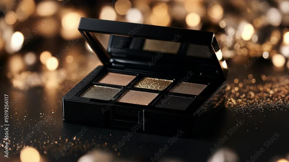 Black eyeshadow palette with shimmery gold, bronze, and brown tones on a dark sparkly surface.