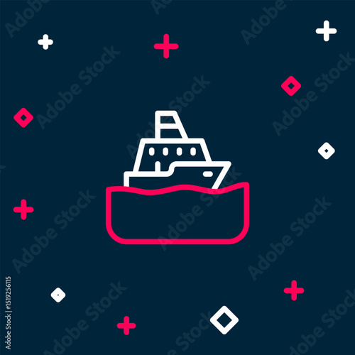 Line Cruise ship icon isolated on blue background. Travel tourism nautical transport. Voyage passenger ship, cruise liner. Worldwide cruise. Colorful outline concept. Vector