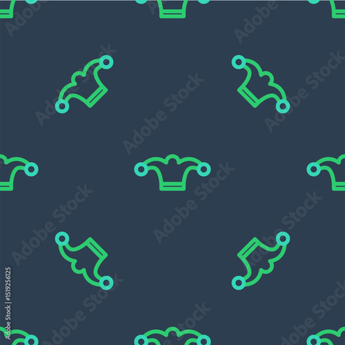 Line Jester hat with bells isolated seamless pattern on blue background. Clown icon. Amusement park funnyman sign. Vector