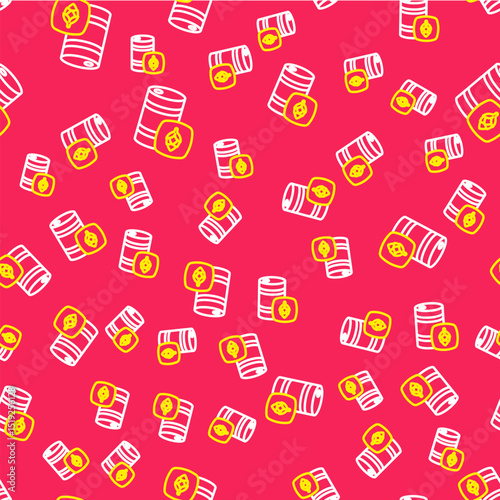 Line Metal beer keg icon isolated seamless pattern on red background. Vector