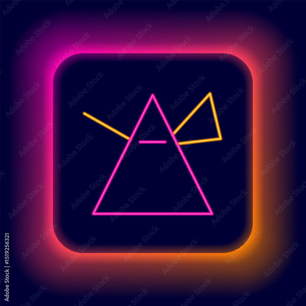 Glowing neon line Light rays in prism icon isolated on black background. Ray rainbow spectrum dispersion optical effect in glass prism. Colorful outline concept. Vector