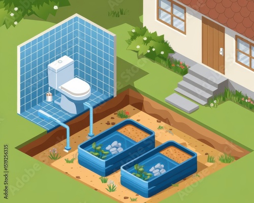 Isometric view of a house with septic system showcasing waste water treatment
