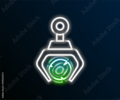Glowing neon line Grapple crane grabbed a log icon isolated on black background. Forest industry. Industrial crane for lumber trunk wood production. Colorful outline concept. Vector