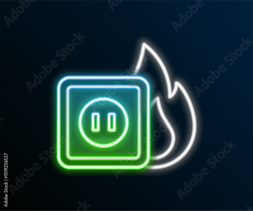 Glowing neon line Electric wiring of socket in fire icon isolated on black background. Electrical safety concept. Plug outlet on fire. Colorful outline concept. Vector